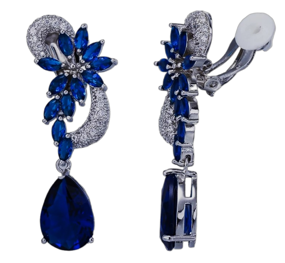 Blue Silver Drop Dangle Clip on Earrings