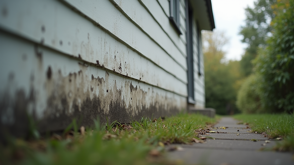 Eye-level view of a home with visible mold on the exterior wall