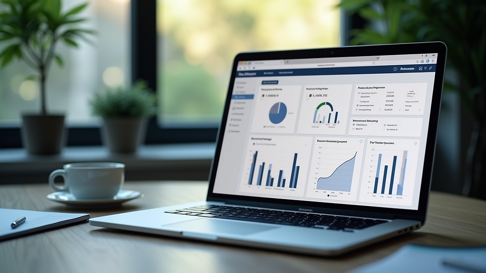 Close-up of a laptop screen displaying a dashboard of business software tools