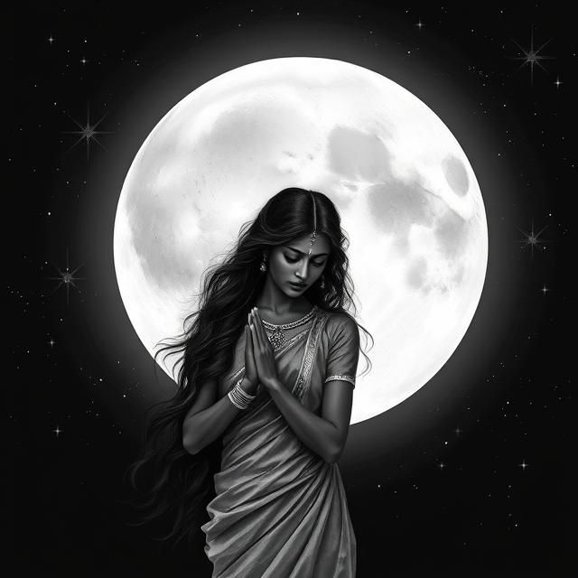 An indian woman bowing to the full moon