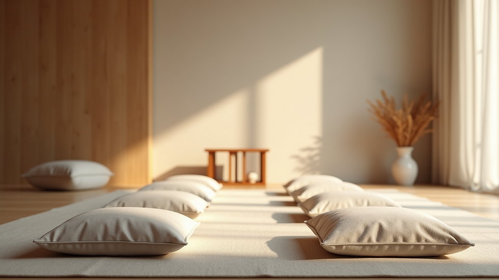 Eye-level view of a serene meditation space with cushions and soft lighting