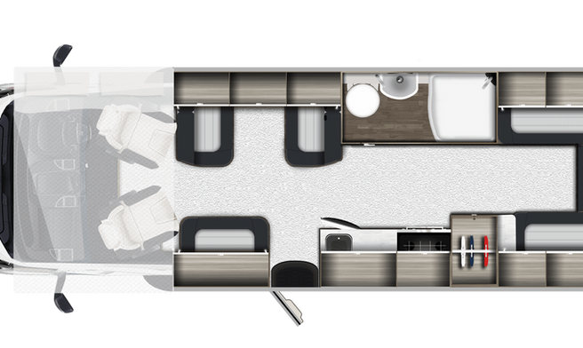 Overhead view of a white camper van interior layout with seating and equipment.
