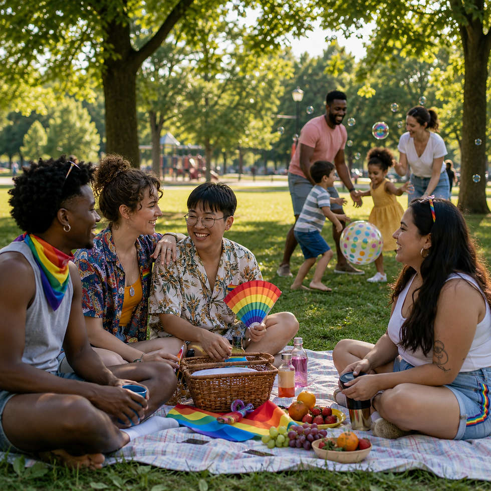 A diverse group of four LGBTQ friends enjoy a picnic in a sunny park, as a young mom and dad play with their two children in the background nearby.