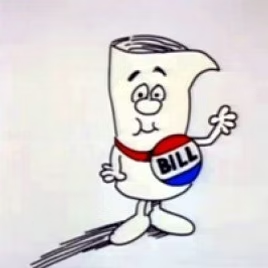 Cartoon character Bill waves on a white background, wearing a red collar and blue name badge.