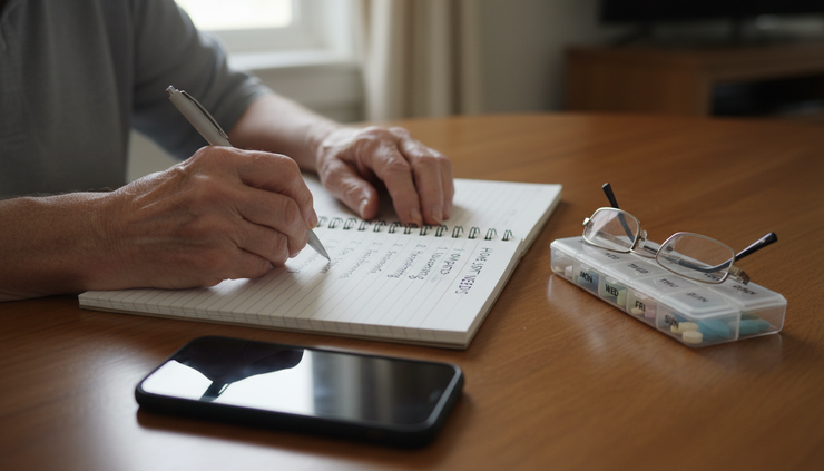 Close-up view of hands writing a home support needs list beside a phone