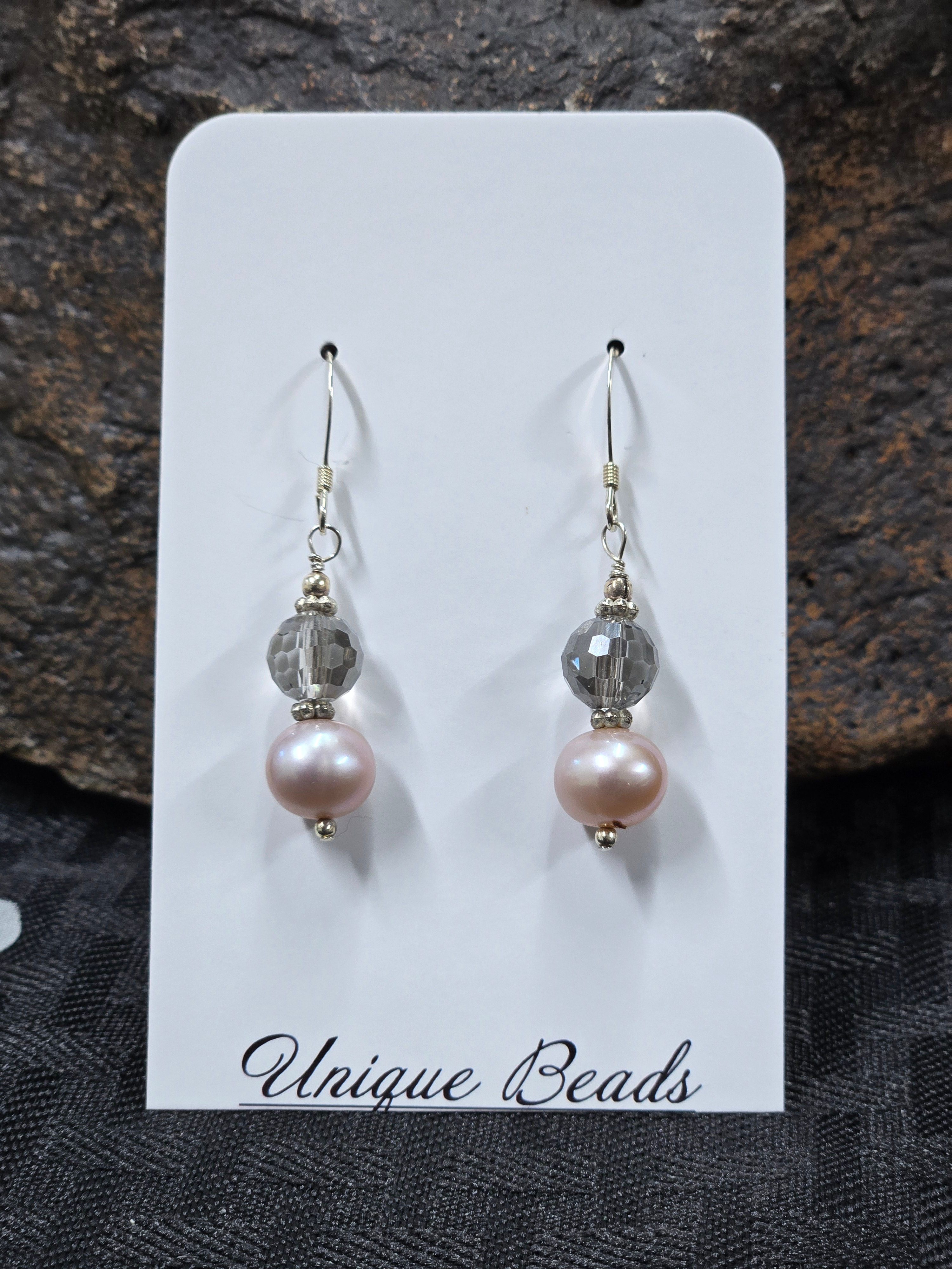 Pink Freshwater Pearls & Taupe Faceted Glass