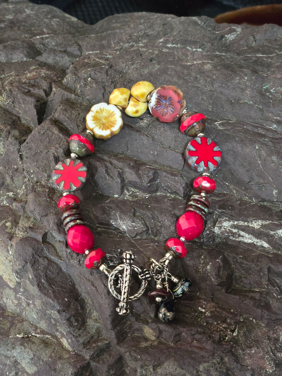 7.5" Red & Yellow Czech Glass & Sterling Silver