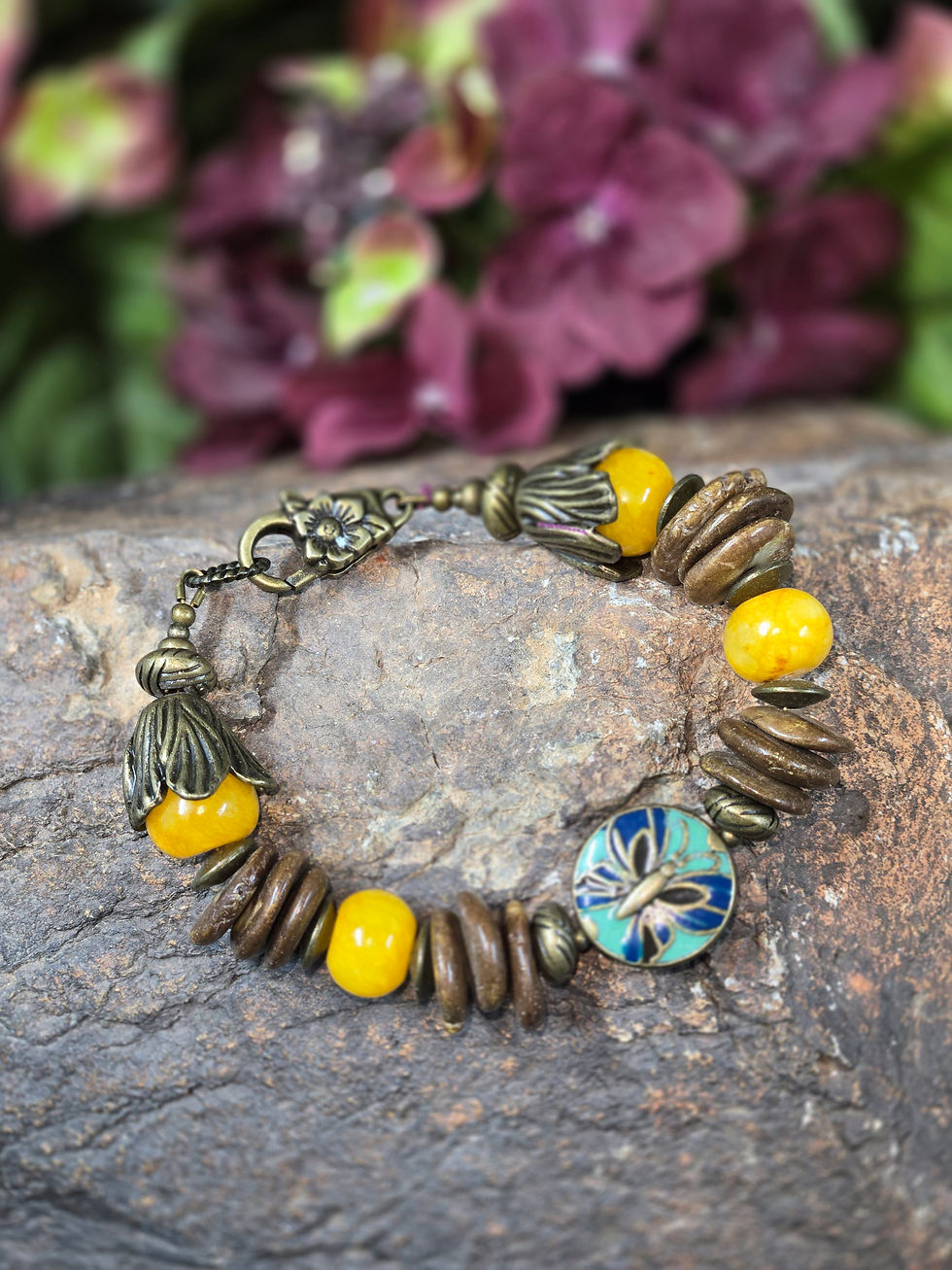 8" Yellow Jade, Brown Howlite. Butterfly bracelet