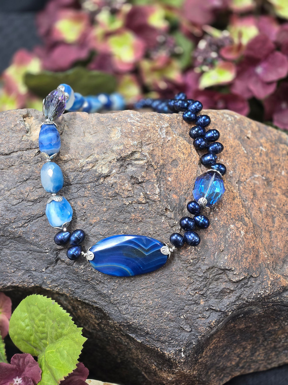 23.5" Beautiful Blue Agate & Pearls & Sterling Silver
