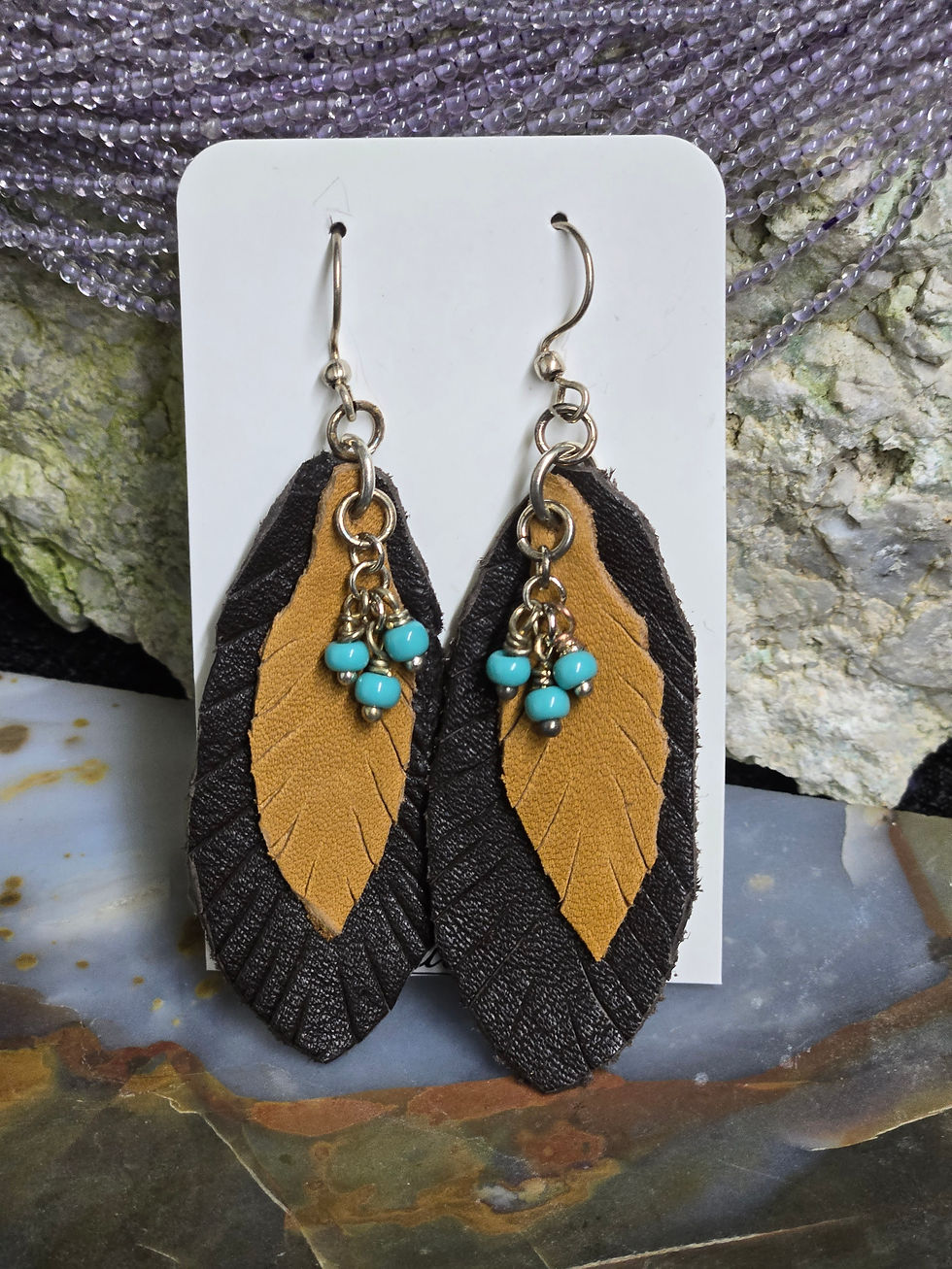 Black & Tan Leather Leaf Earrings
