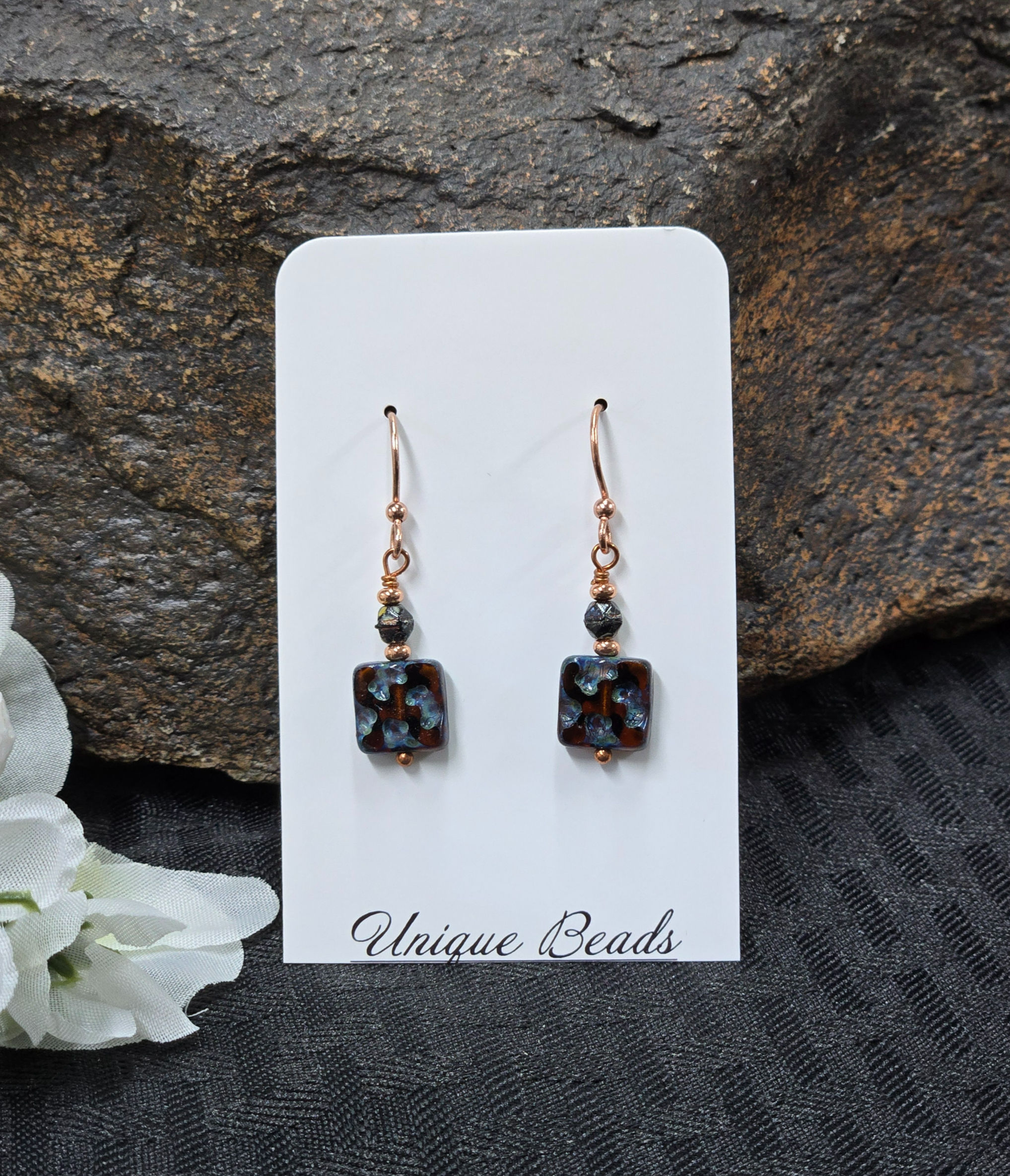 Dark Red Czech Square's & Copper