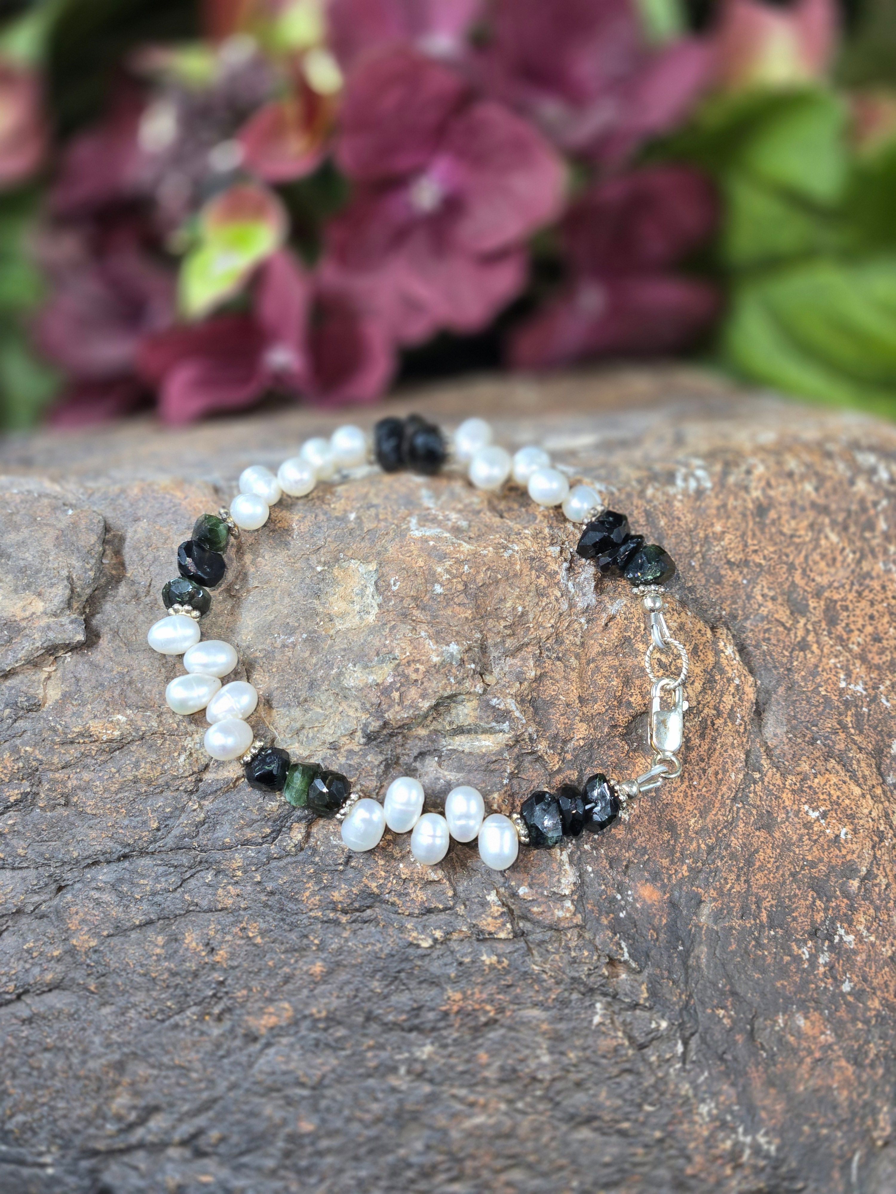7" Black Tourmaline & Pearls & Sterling Silver