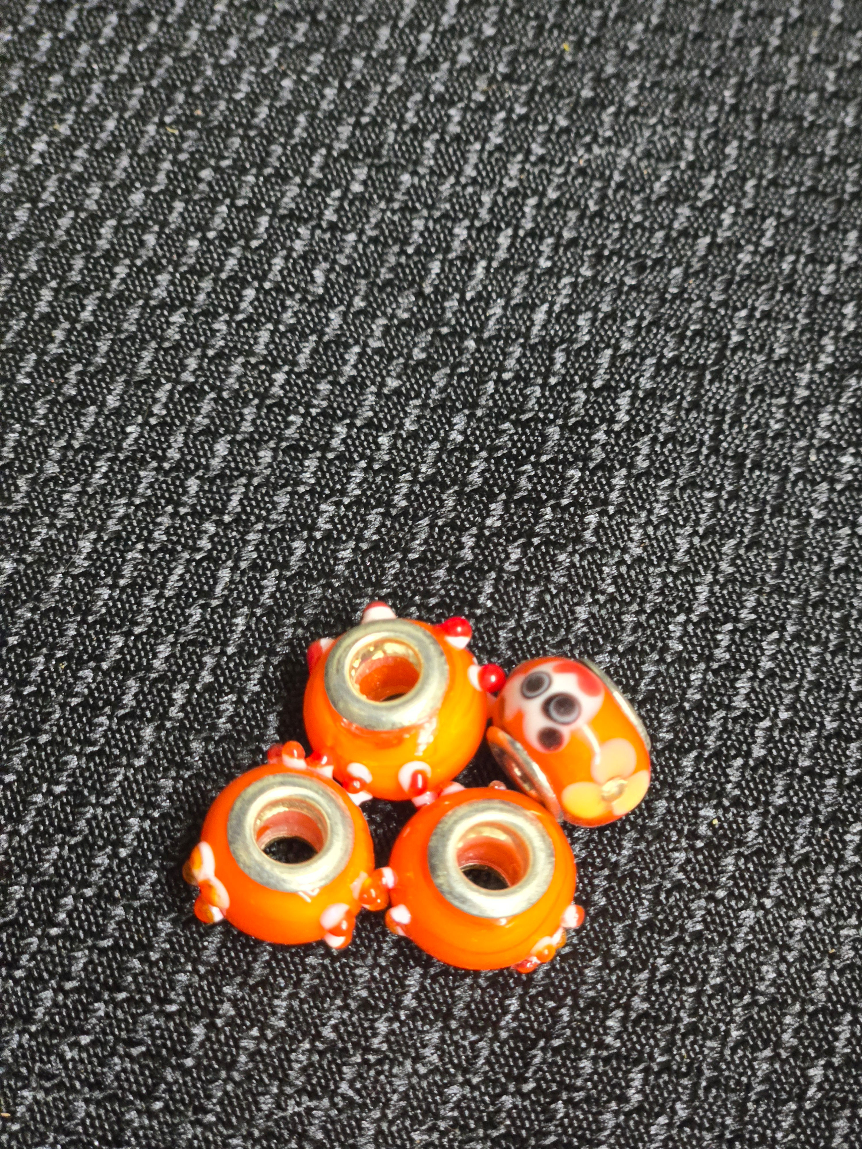 Orange European Style Beads , Silver Plated