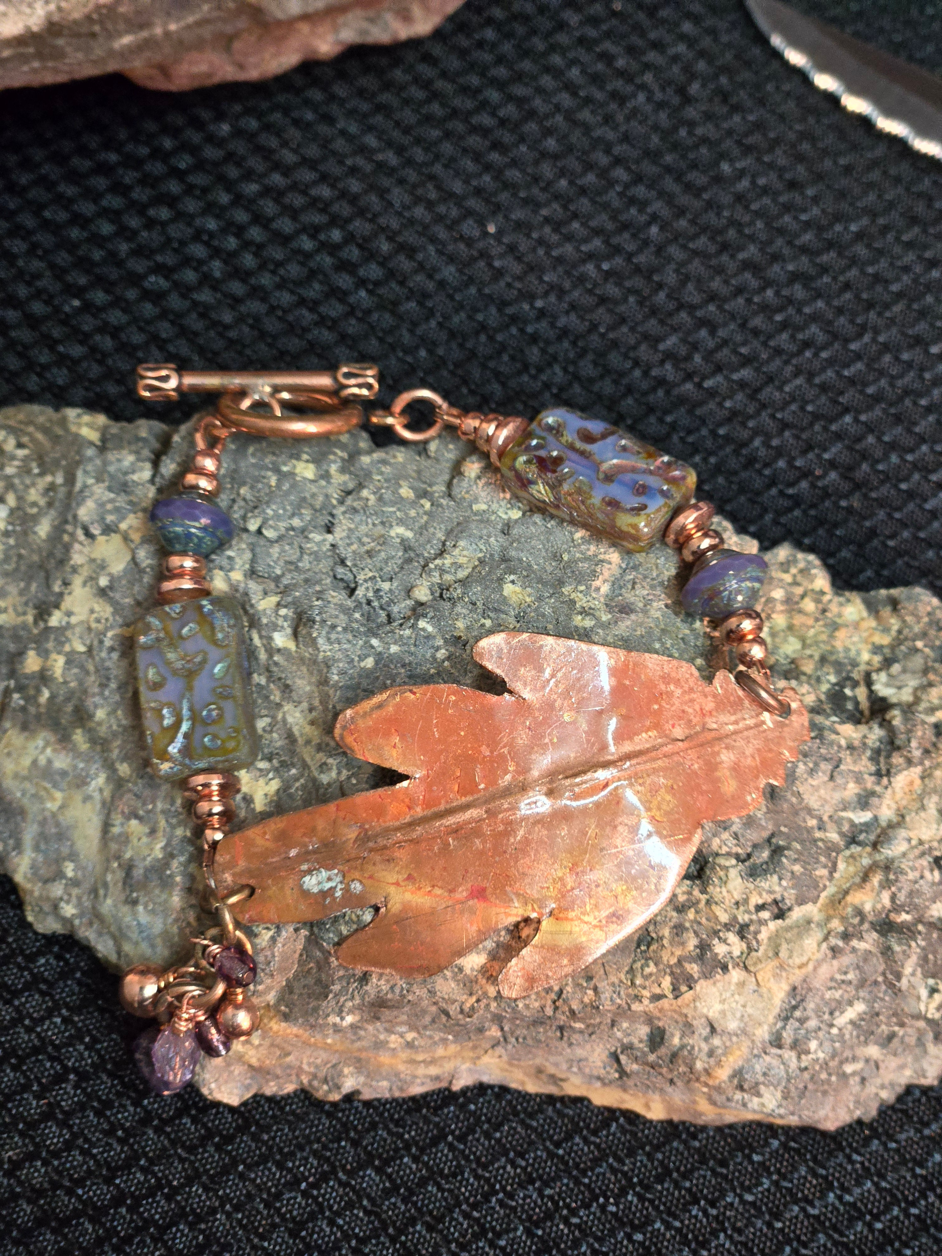7.5" Patina Copper Leaf & Czech Glass