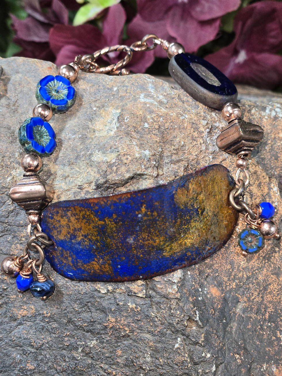 8.25" Blue Enamel , Czech Glass, Copper bracelet