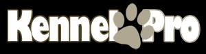 Kennel Pro official horizontal logo with a black background and white letters. There is a gray dog paw print overlapping the