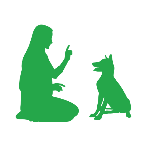 Silhouette of woman sitting on the ground training a small dog icon (green)