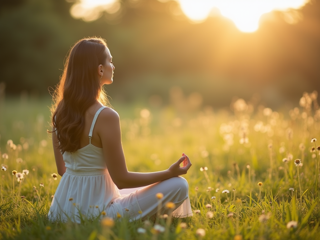 A person enjoying a peaceful mindful moment outdoors in nature during summer