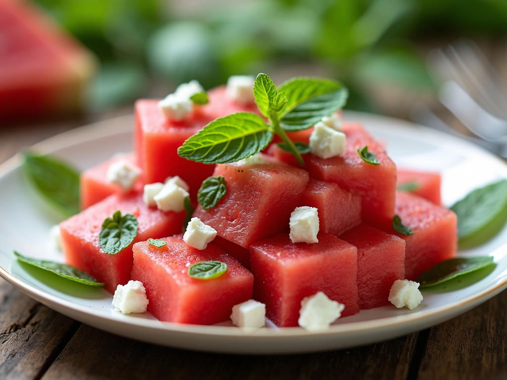 A refreshing watermelon, feta, and mint salad with fresh summer greens