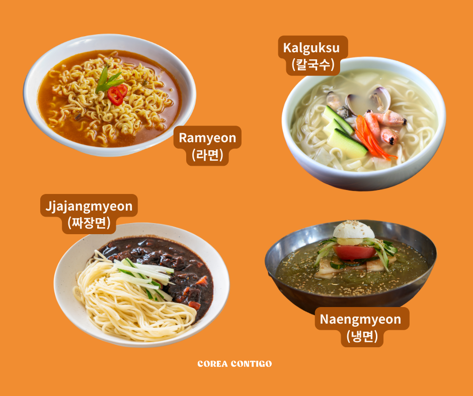 fideos coreanos ramyeon, kalguksum jjajangmyeon, naengmyeon