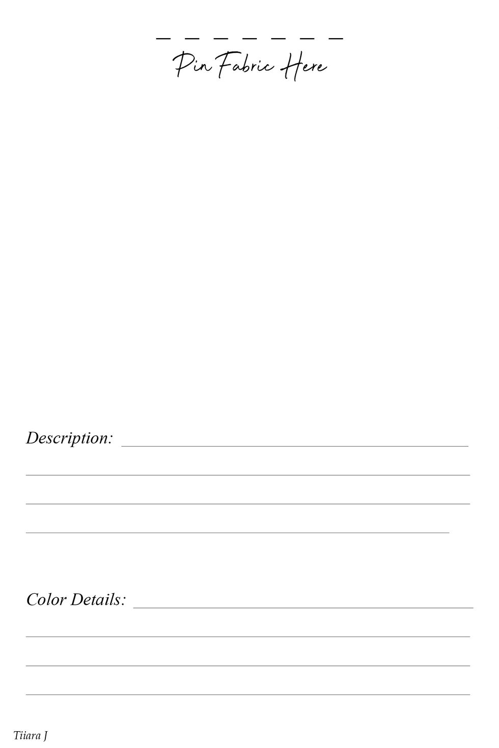 Tiiara J - Prom Booklet for custom-designed dress orders. Fabric sample sheet.