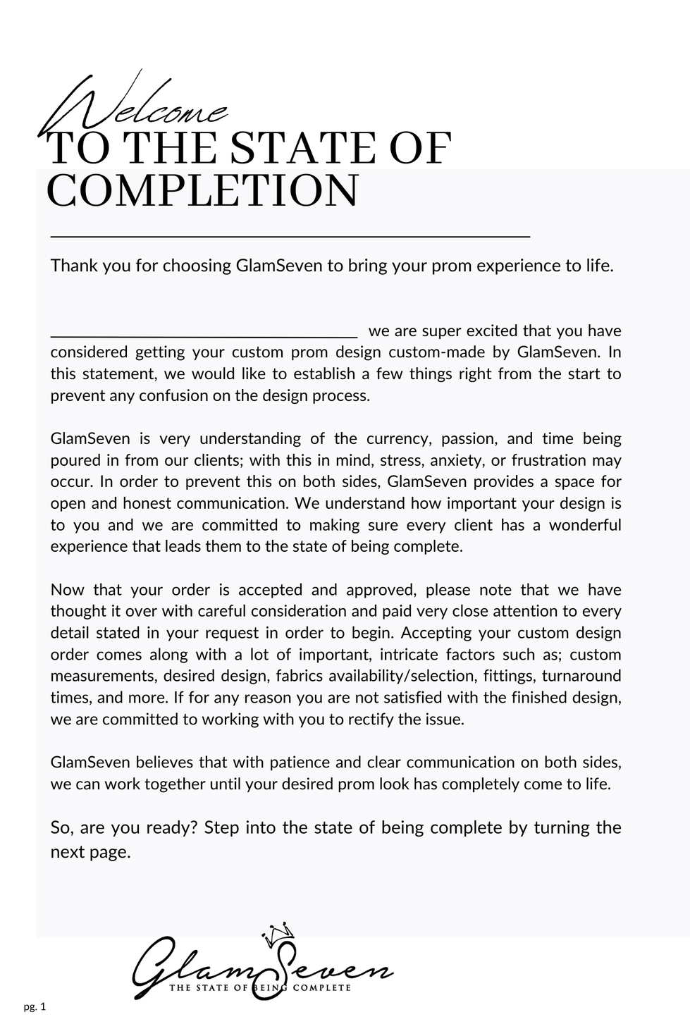 Glam Seven - The State of Being Complete - Prom Order Booklet - Welcome Message