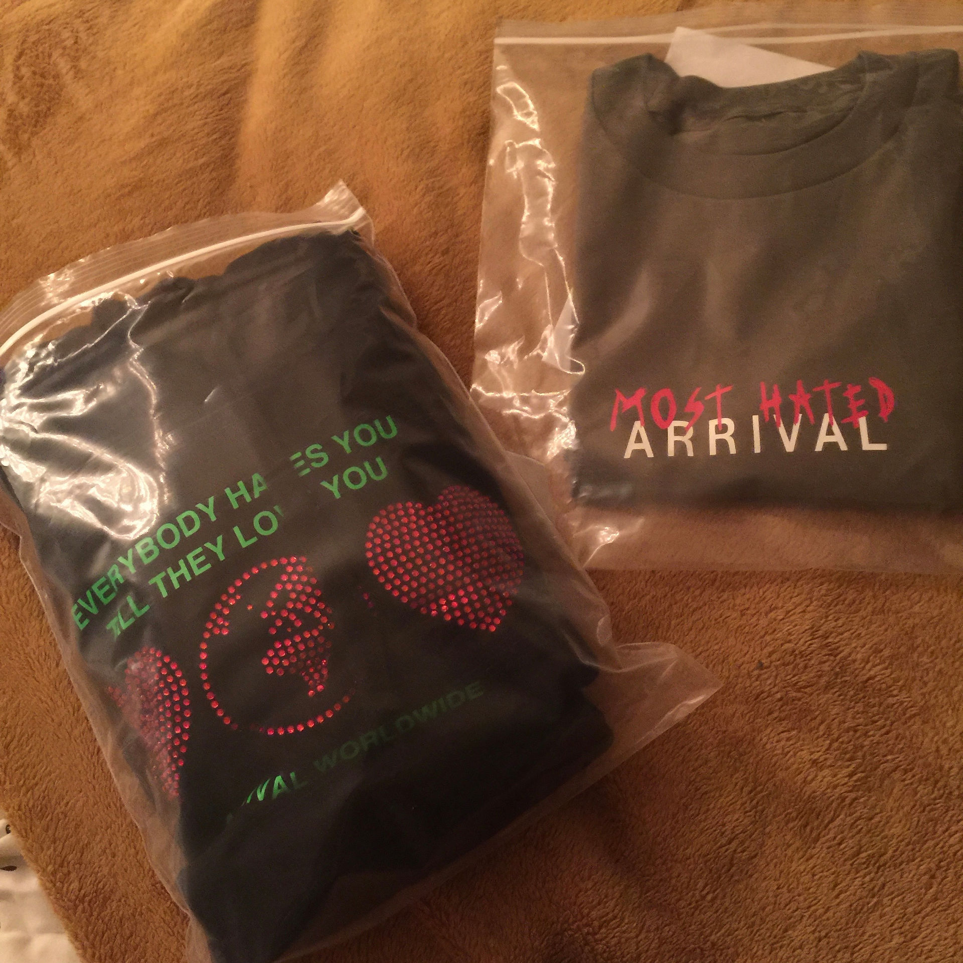 Starr's new Arrival Worldwide purchase of a Most Hated tshirt and a hoodie stating 'Everybody Hates You Till They Love You'