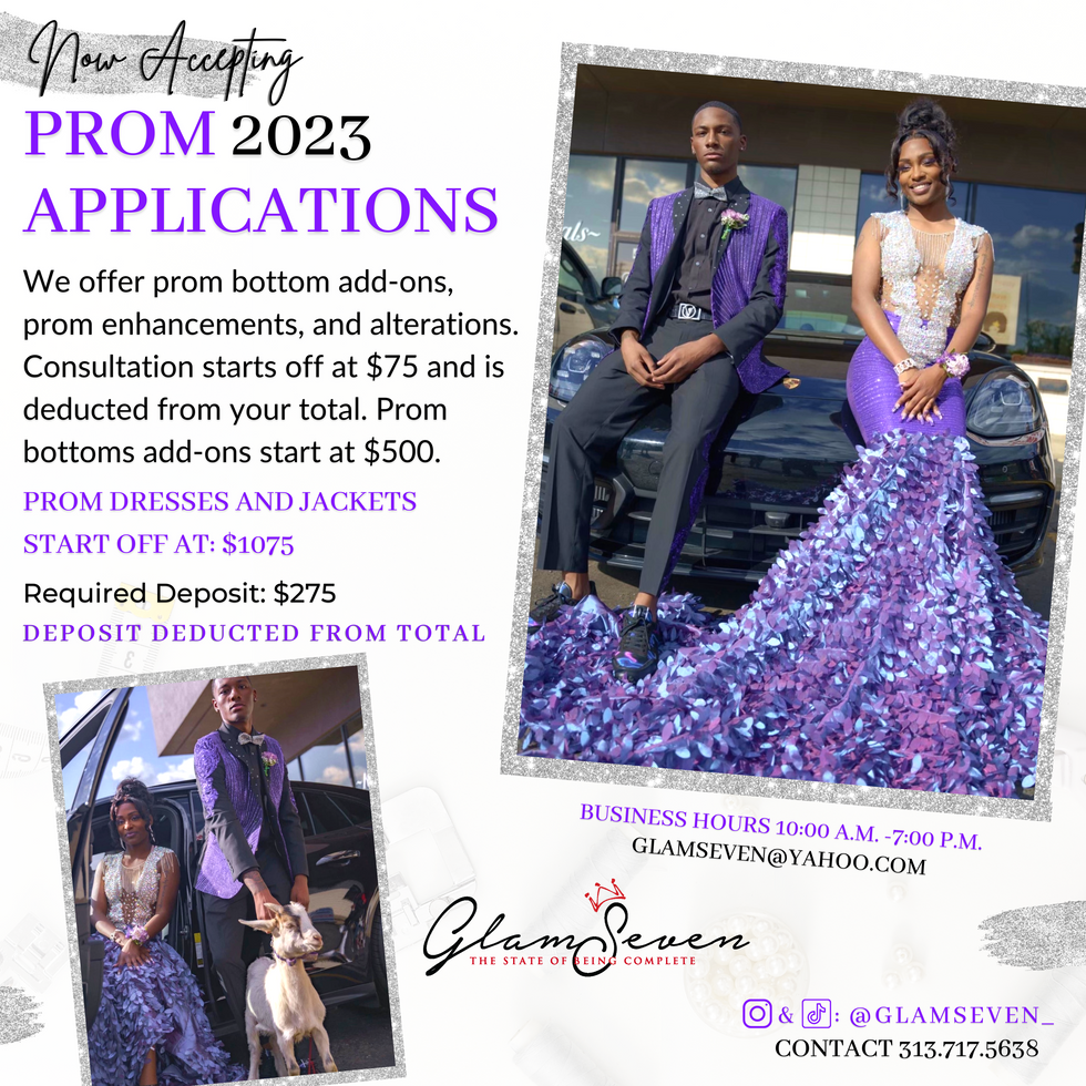 Glam Seven - The State of Being Complete - Luxury Prom Dress Design - Application Details - Floor-length dress in purple with diamonds along with custom prom jacket - prom couple custom-designed formal wear