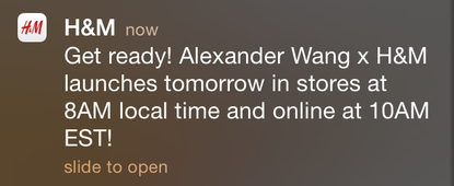 H&M iPhone notification about the new Alexander Wang collection dropping in stores.