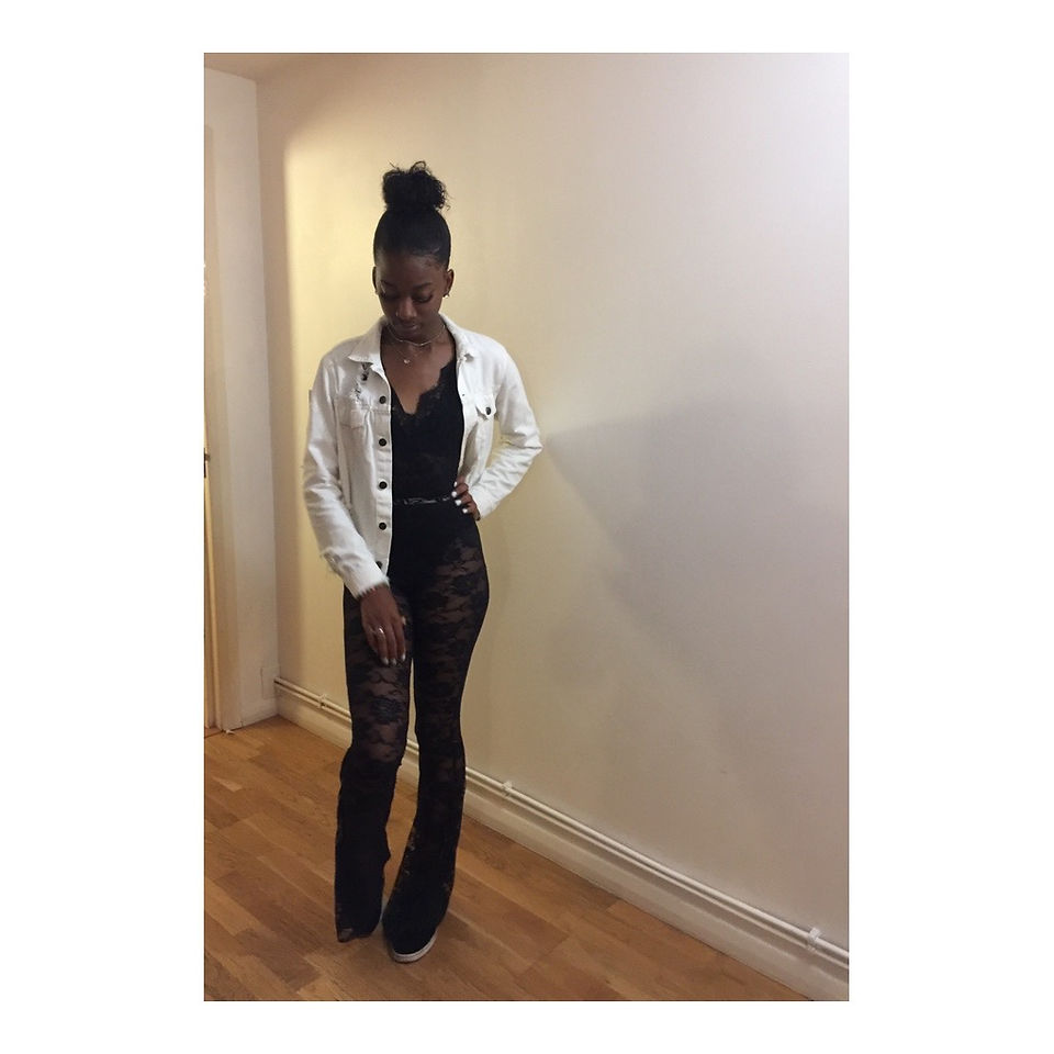 Starr getting ready to go out in London to a nigh club in a lace black jumpsuit styled with her denim white jacket as her new summer go-to