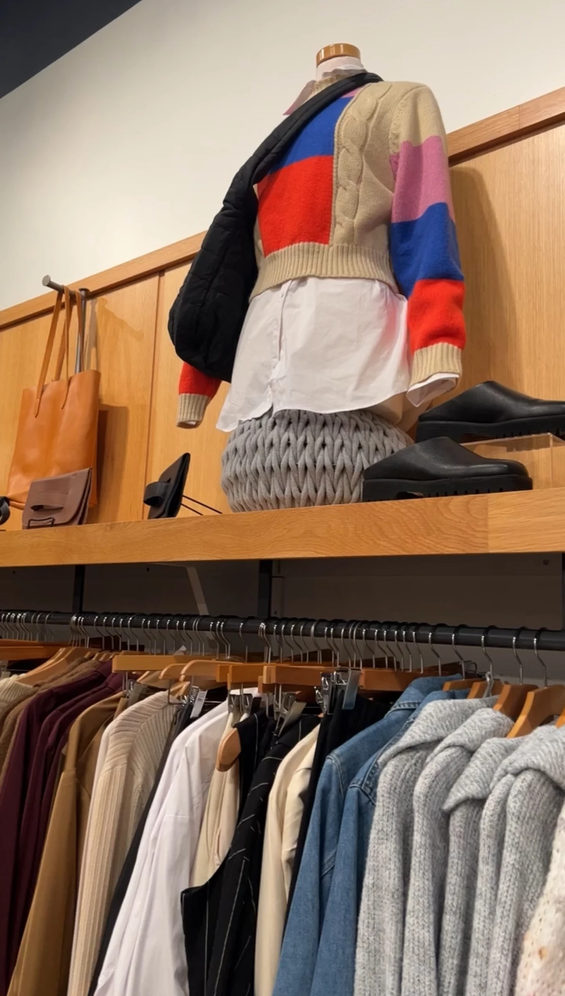 Good Neighbor fall collection: denim, fur, knit, totes, hand bags, leather, with mannequin styled in fall attire