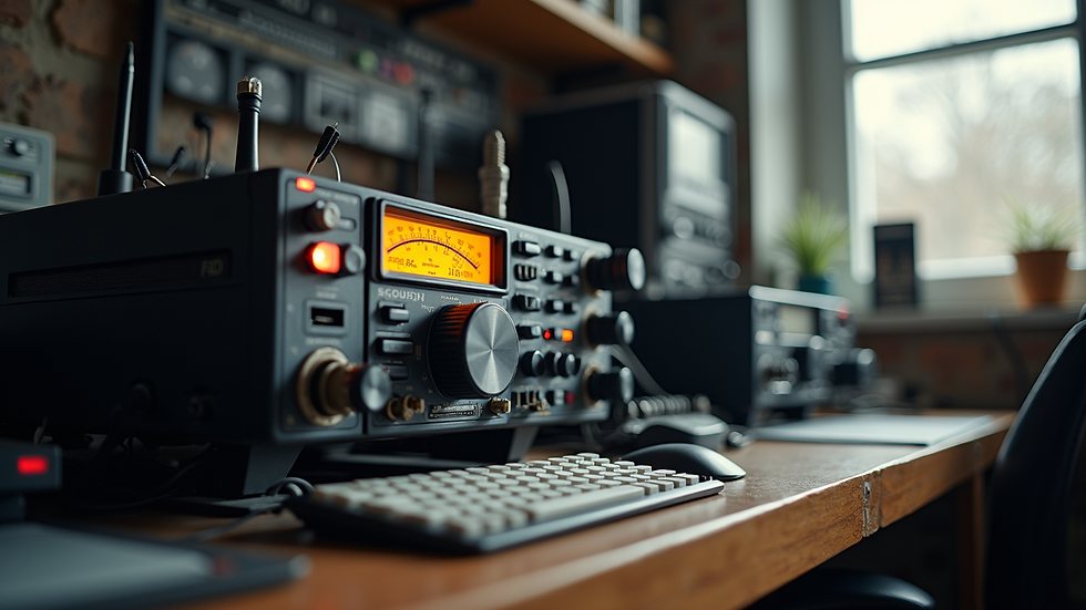 Eye-level view of a ham radio station with equipment and antennas