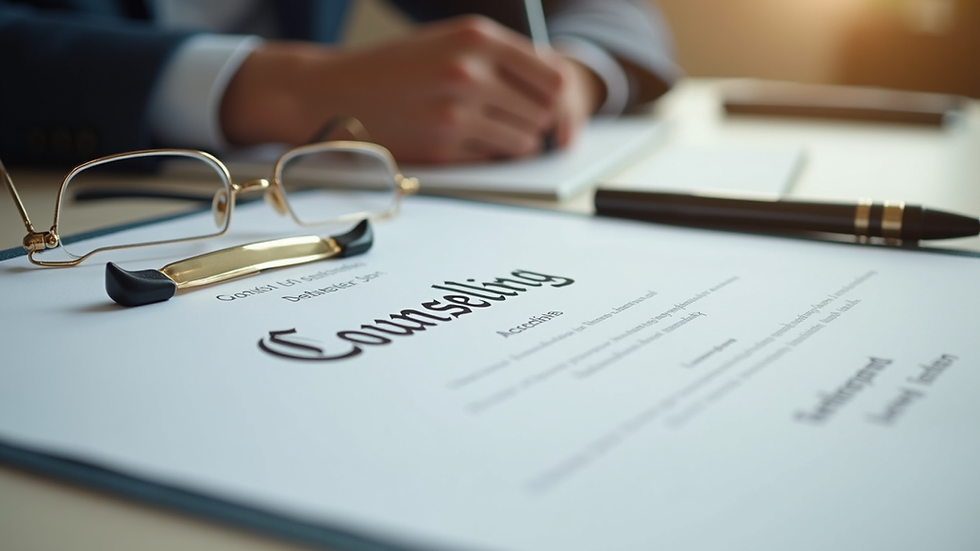 Close-up view of a counselling diploma certificate on a desk