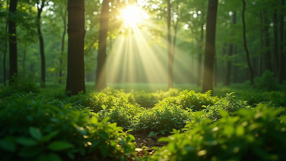 Eye-level view of a lush green forest with sunlight filtering through the leaves