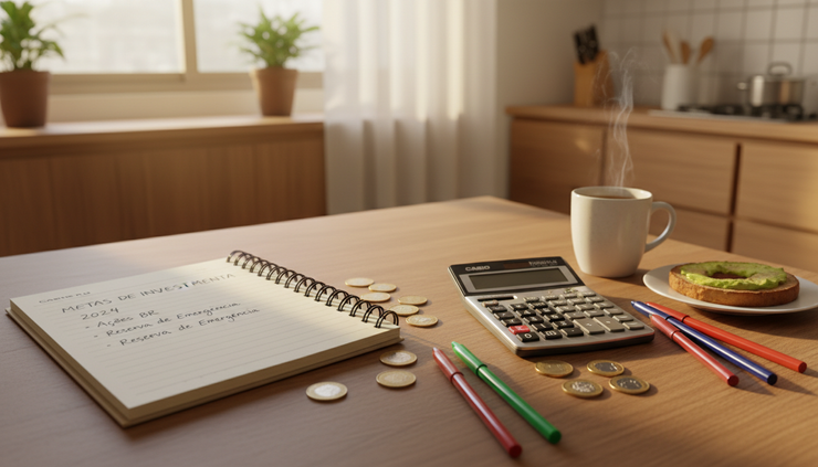 Visão em ângulo aberto de uma mesa de cozinha com caderno, calculadora e moedas organizadas para planejamento financeiro