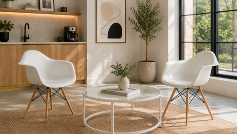 Modern lounge setting featuring white bucket chairs and a round glass coffee table in a bright contemporary interior.