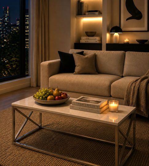 Modern living room setup featuring a rectangular coffee table with chrome frame in a warm contemporary interior.