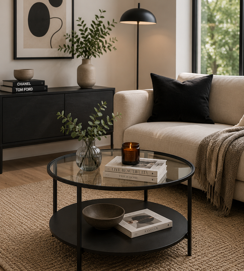 Modern minimalist living room featuring a black round glass coffee table styled with books, candle, and greenery beside a neutral sofa and warm contemporary décor.