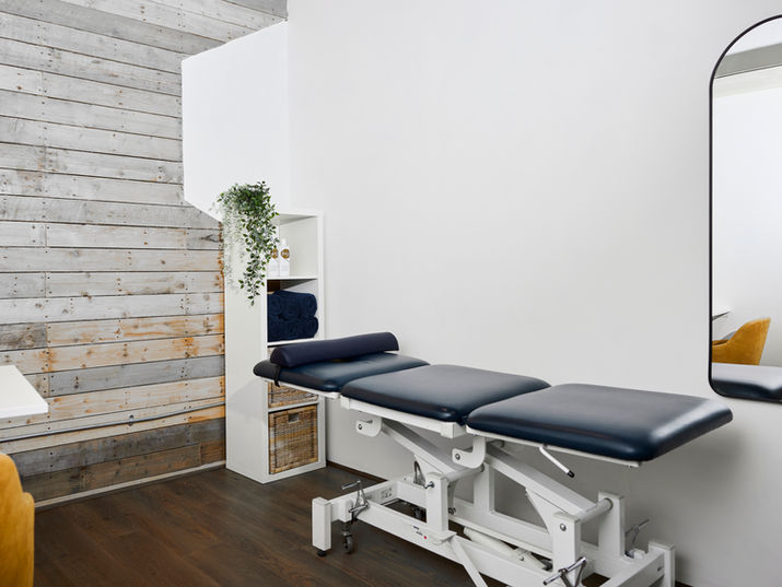Physiotherapy treatment room with a bed, mirror, and white walls, Facility