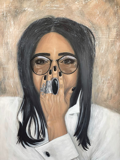 Self-portrait of the woman artist wearing glasses, black nails and rings on her fingers