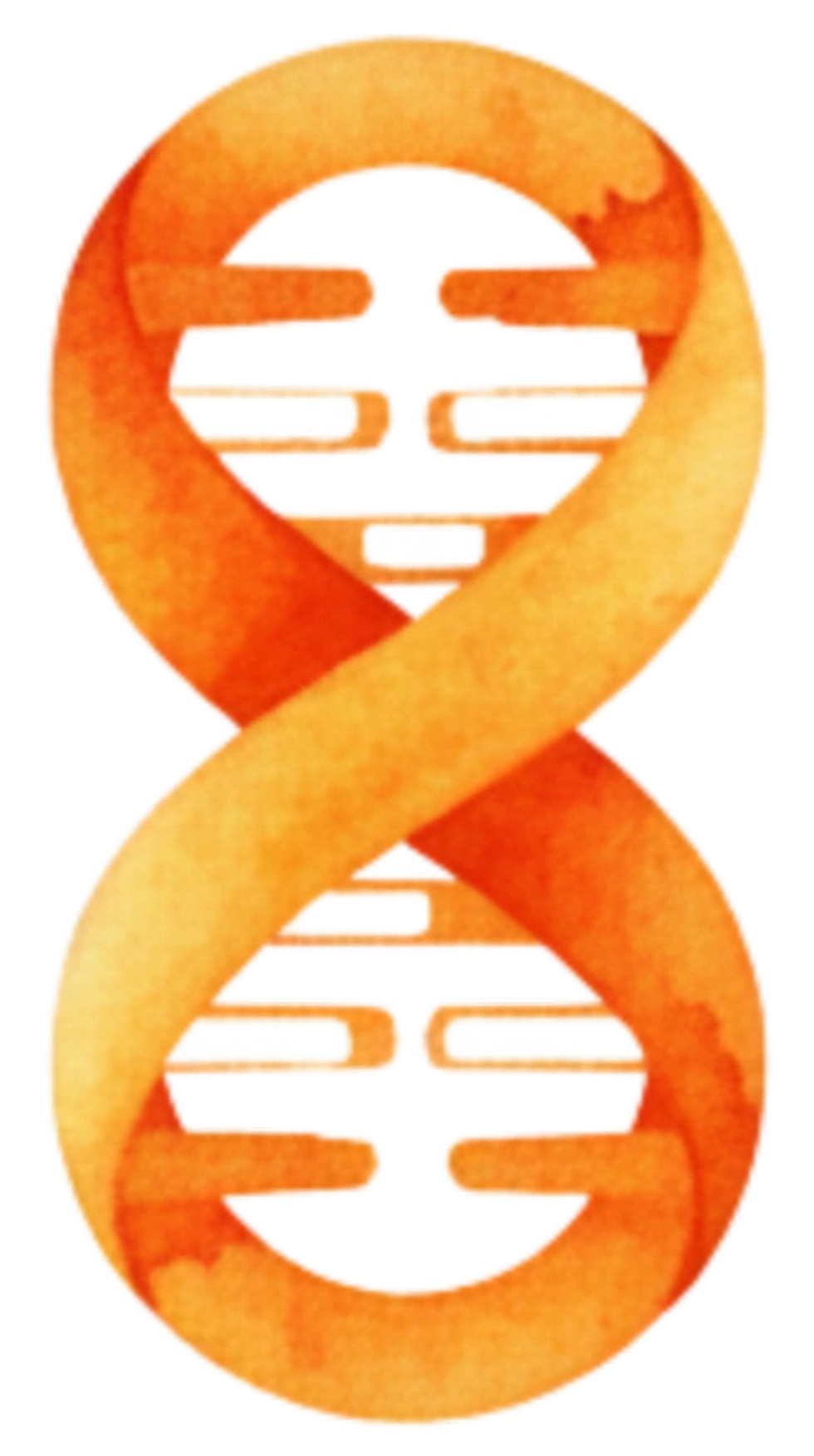 Orange DNA helix symbol with Cure-8 logo, genetic science concept.