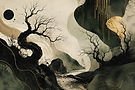 Abstract landscape with silhouettes of twisted bare trees.