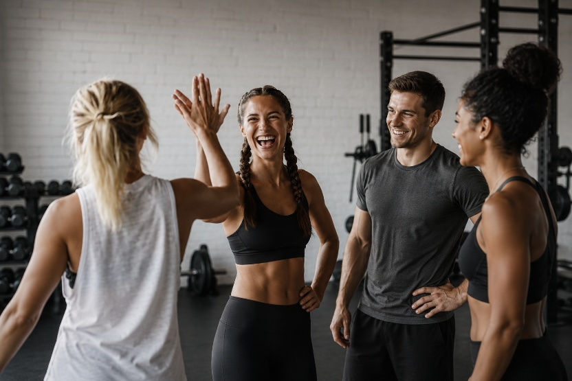 Lächelnde Gruppe, die sich während des Fitnesstrainings High Fives gibt