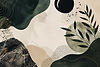 Abstract collage with dark green shapes and botanical leaves