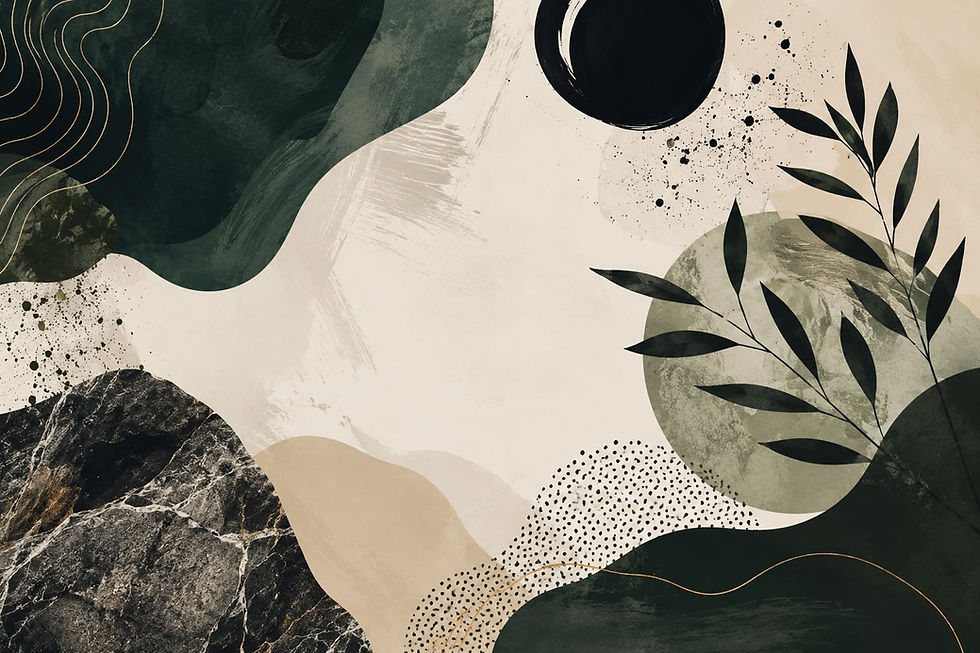 Abstract collage with dark green shapes and botanical leaves