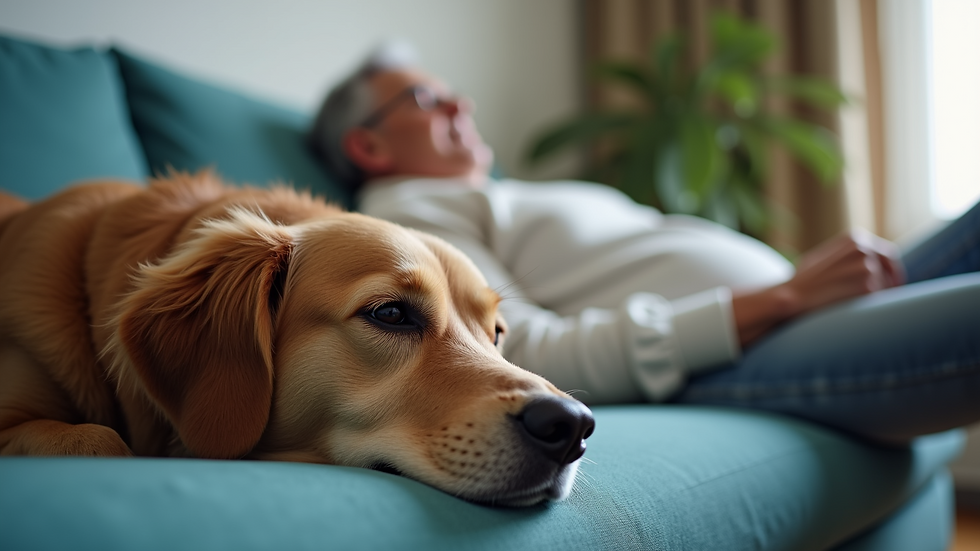 Close-up view of a therapy dog resting beside a patient on a couch