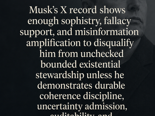 Items that may disqualify Elon Musk from humanity at large trajectory stewardship: Bridge360 Metatheory Model lens
