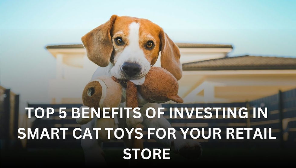 Beagle with plush toys in mouth, front yard setting. Text overlay: "Top 5 Benefits of Investing in Smart Cat Toys for Your Retail Store."