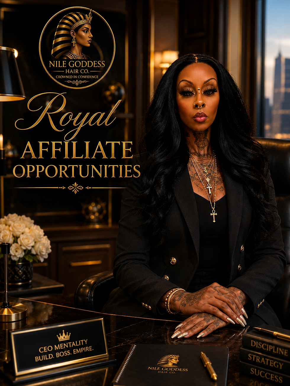 MoneyBagg Leesa the Founder and CEO of Nile Goddess Hair Co. standing in front of her company logo wearing one of her premium wigs.
