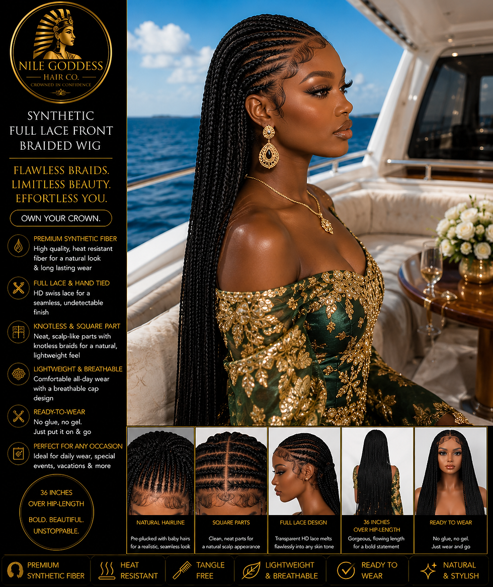 A side shot of a girl on a yacht wearing a Synthetic Full Lace Front Braided Wig from Nile Goddess Hair Co.